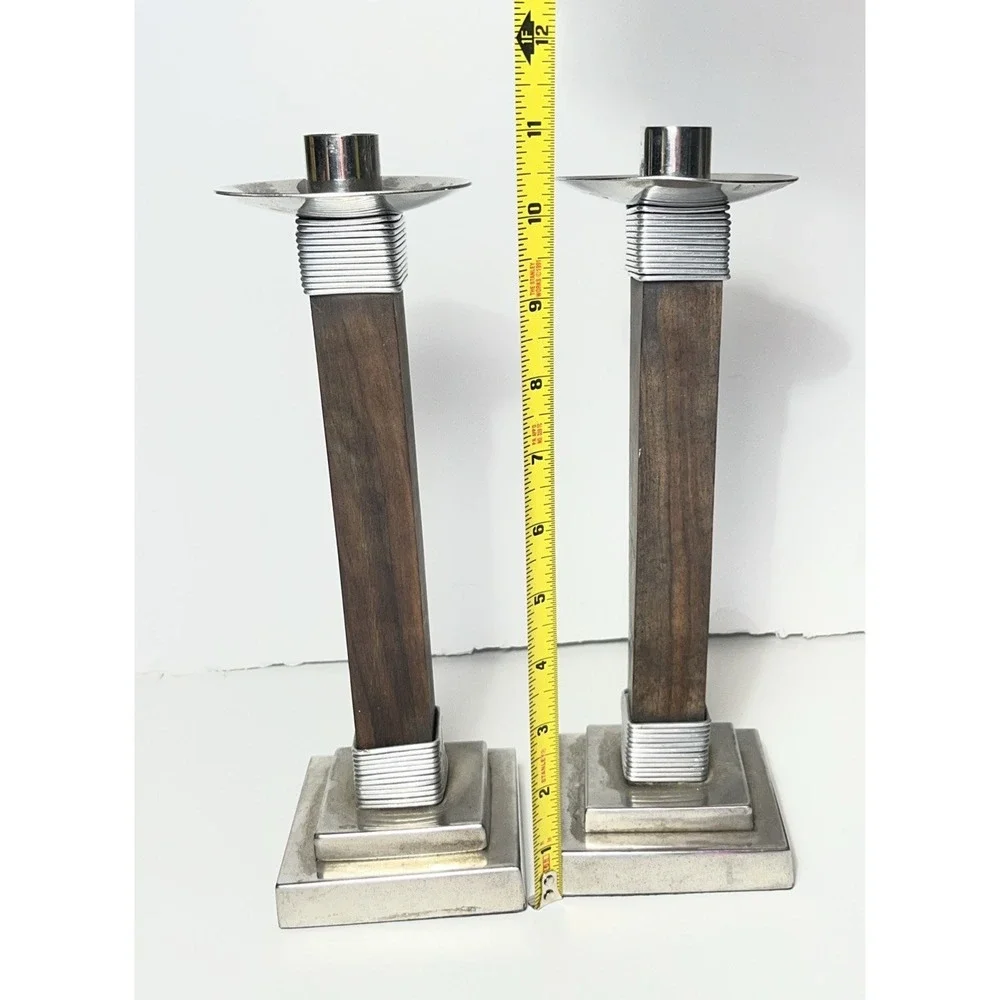 Vintage Set MCM Wood and Chrome Candle Holders